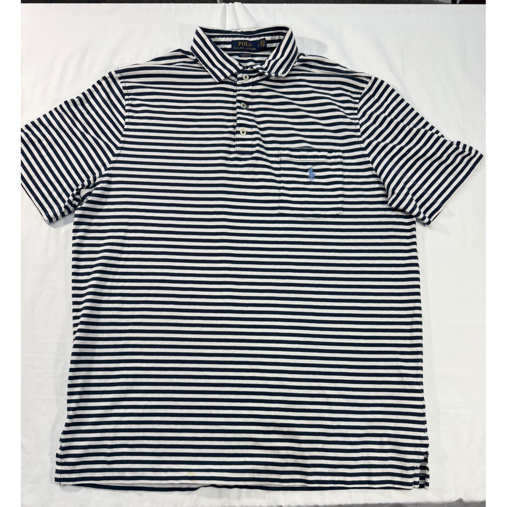 Polo Ralph Lauren Mens Classic Fit Striped Pocket Polo Shirt Navy White Large
